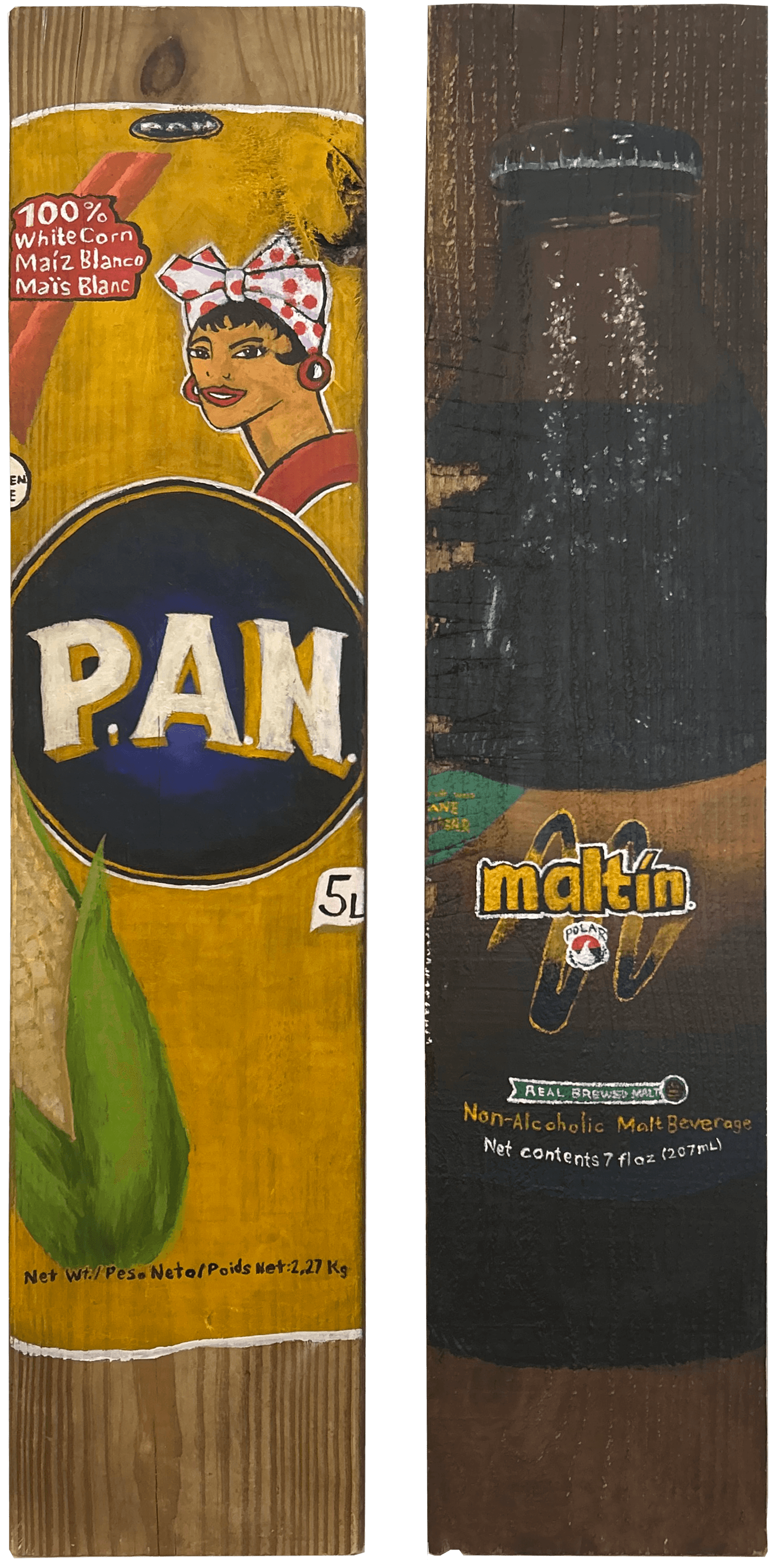 A Diptych of Wood Planks, the left depicting a bag of Harina PAN, and the right depicting a bottle of Maltin Polar; Art by Julian Henriquez