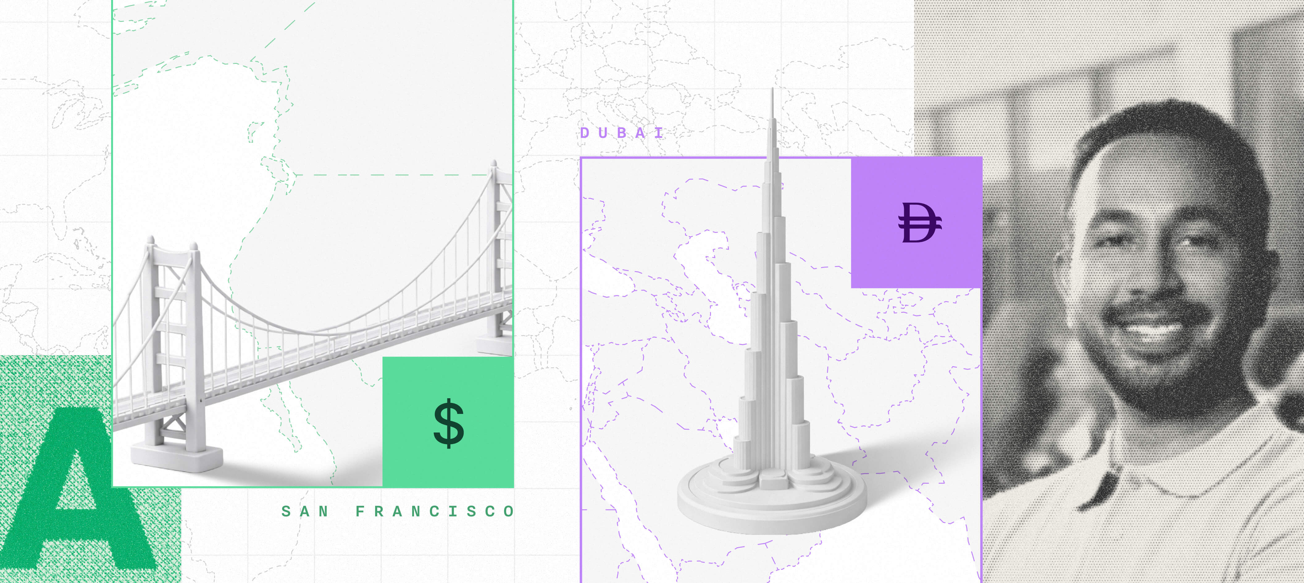 Stylized image for the announcement of OpenFX's Series A showing the San Francisco Bay Bridge and the Burj Khalifa in Dubai noting the locations where Prabhakar Reddy lived.