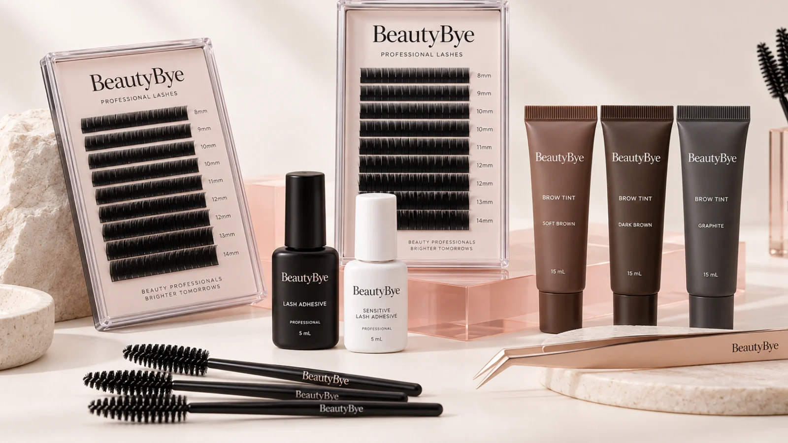 BeautyBye professional lash extension trays, adhesive and precision tools
