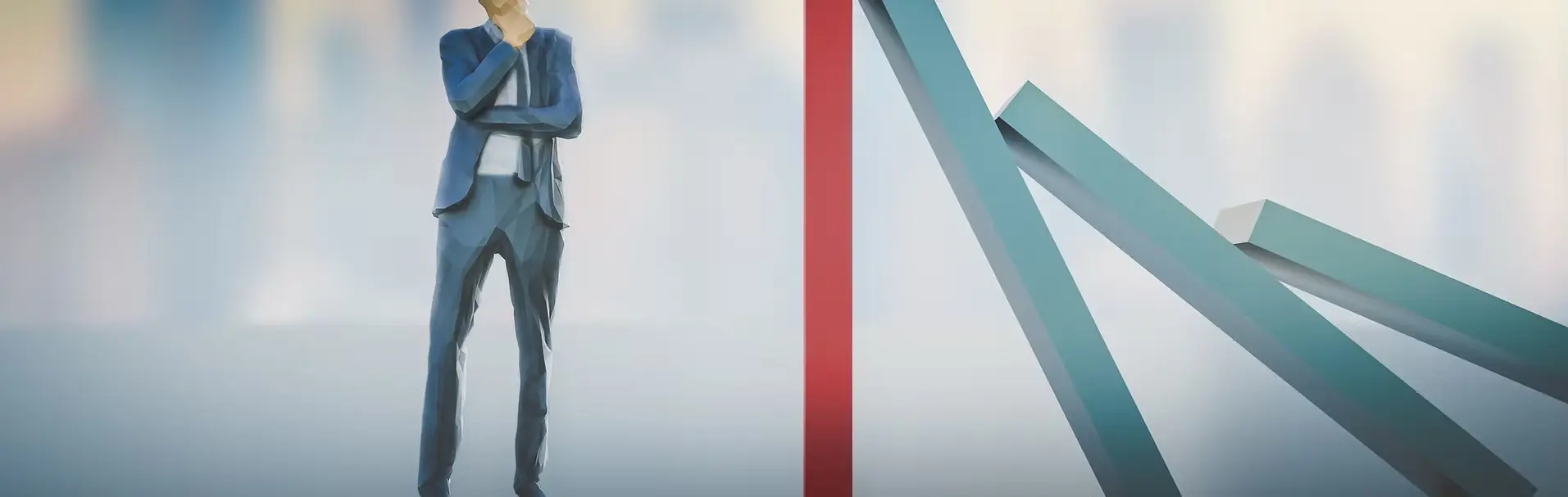 A person in a suit stands thoughtfully beside toppling dominoes symbolizing risk in an abstract illustration, conveying concepts relevant to risk engineering and insurance underwriting.