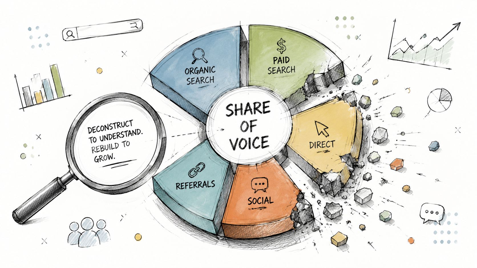 A hand-drawn illustration depicting a pie chart labeled Share of Voice with various marketing channel categories.