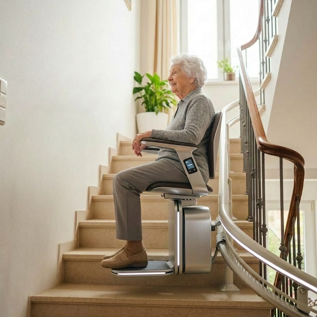 Ältere Frau mit weißen Haaren, grauem Pullover und hellgrauen Hosen sitzt entspannt und lächelnd auf einem modernen silbernen Treppenlift an einer hellen Hausstreppe. Im Hintergrund eine große grüne Zimmerpflanze, ein Fenster mit cremefarbenen Vorhängen und ein Holzgeländer. Die Atmosphäre wirkt warm, gepflegt und häuslich.