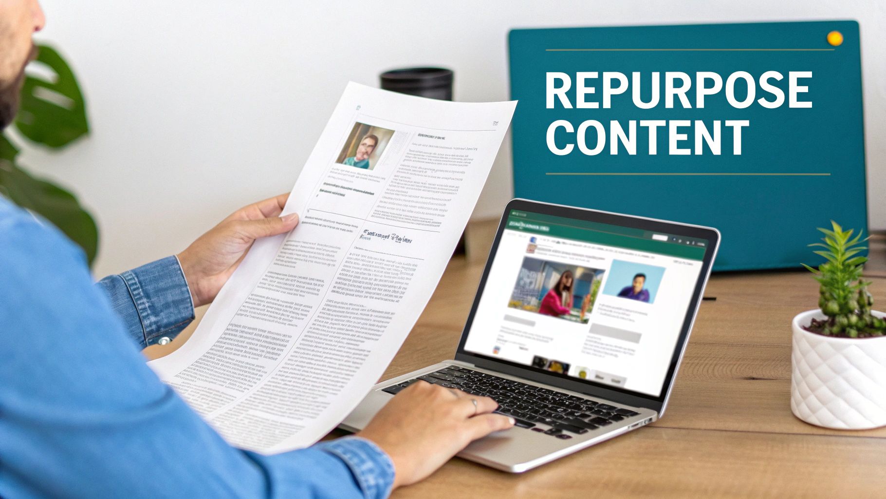 A person repurposes content from a printed document to a laptop screen, emphasizing content adaptation.