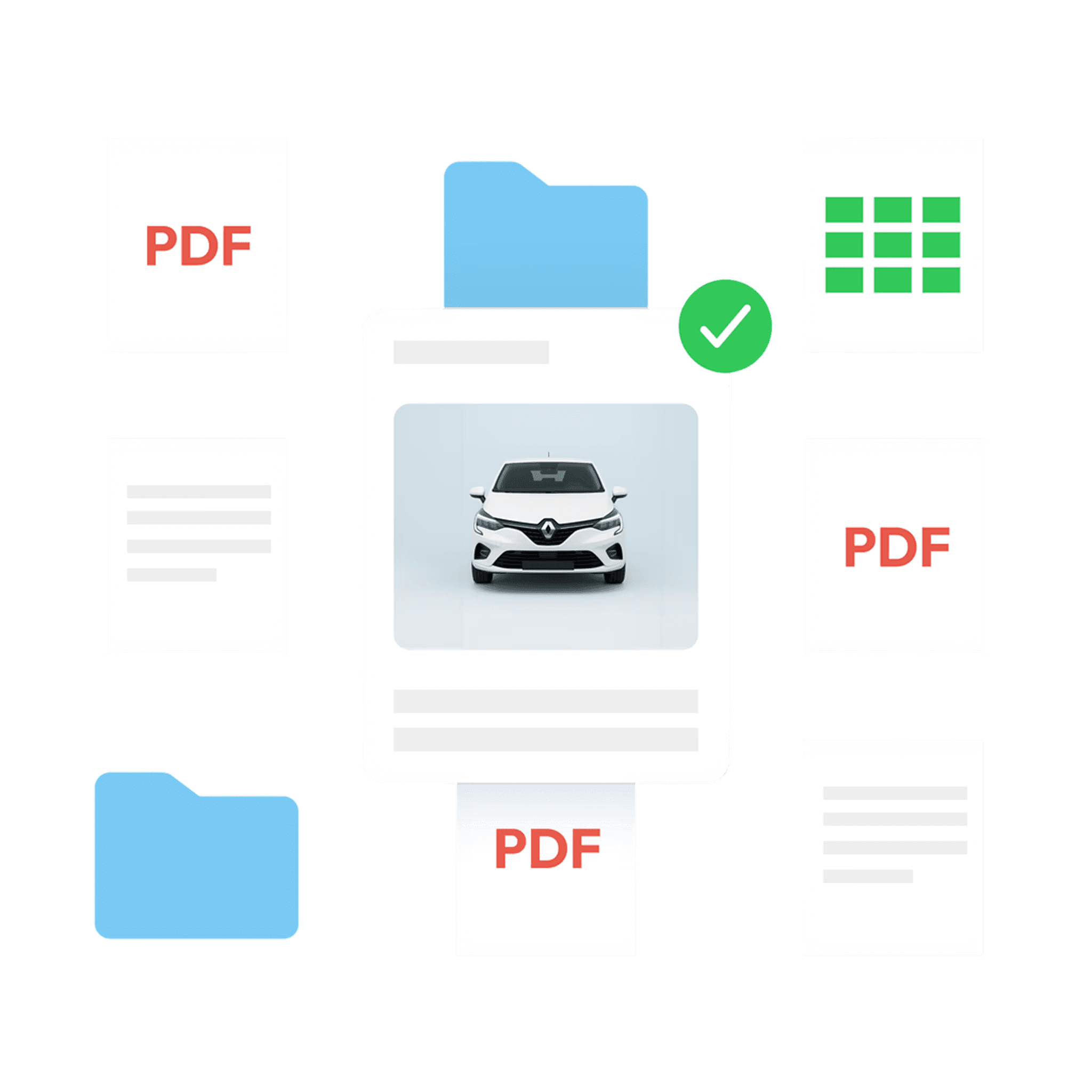 Car document processing with PDFs and folders. Vehicle information.