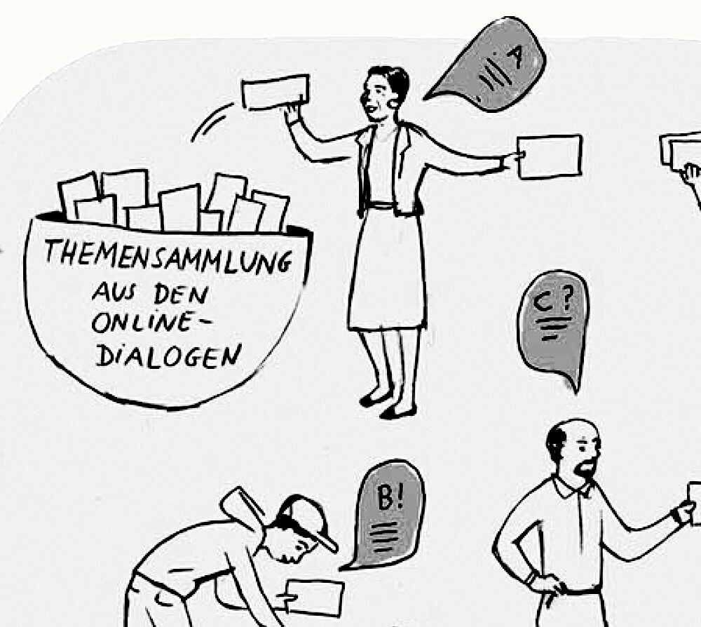 schwarz weiß Skizze von Leuten die Karten hochhalten