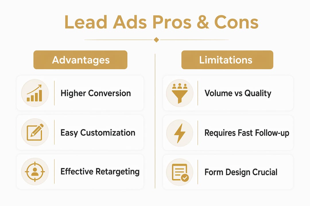 Infographic contrasting Facebook lead ads advantages and limitations