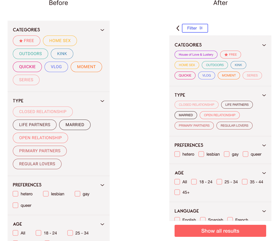 Before and after comparison of Lustery’s filtering functionality UI redesign on mobile.