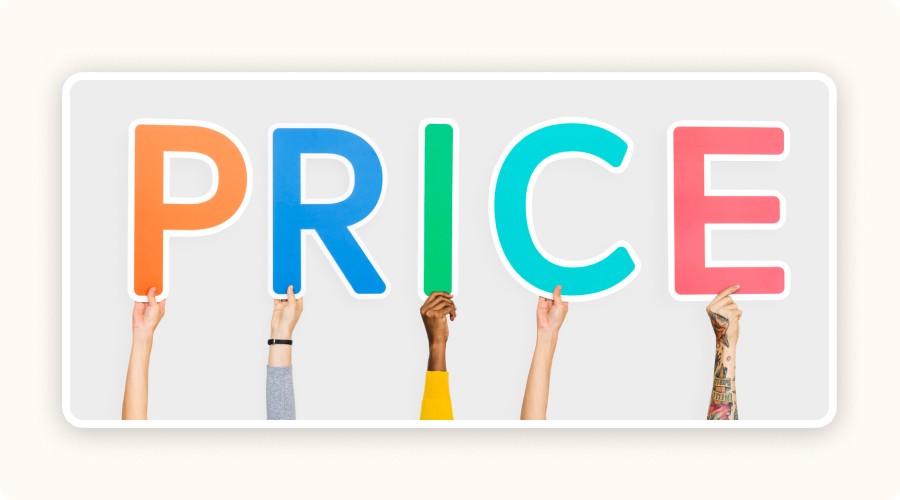 Hands holding colorful letters spelling the word price on gray.