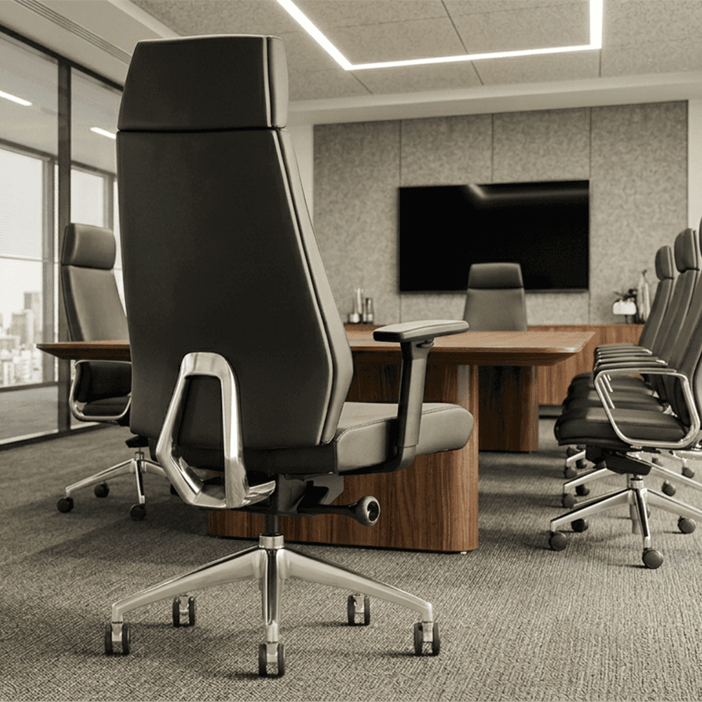 a modern high-end conference room featuring a set of black leather executive chairs with chrome Y-frame supports around a large walnut meeting table, set against a city skyline backdrop.