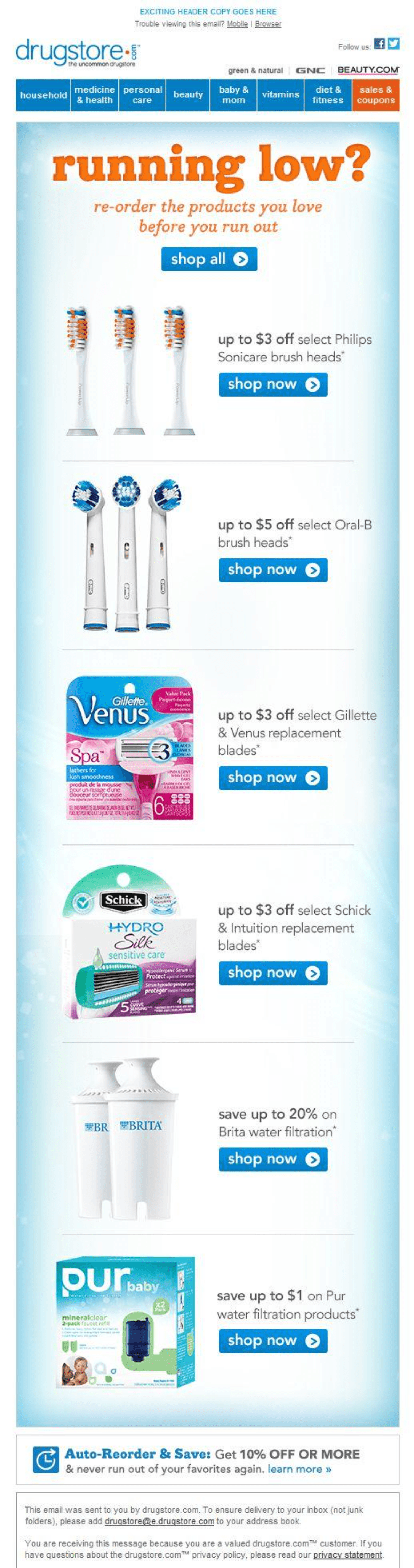 drugstore.png – A replenishment email from Drugstore.com reminding customers to reorder essentials like toothbrush heads, razors, and water filters, with savings offers.