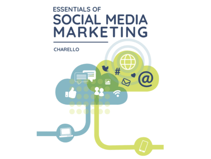 Cover of the book “Essentials of Social Media Marketing” by Charello. Features colorful icons representing social media tools like thumbs up, chat bubbles, hashtags, and @ symbols, connected by lines to a laptop and smartphone.