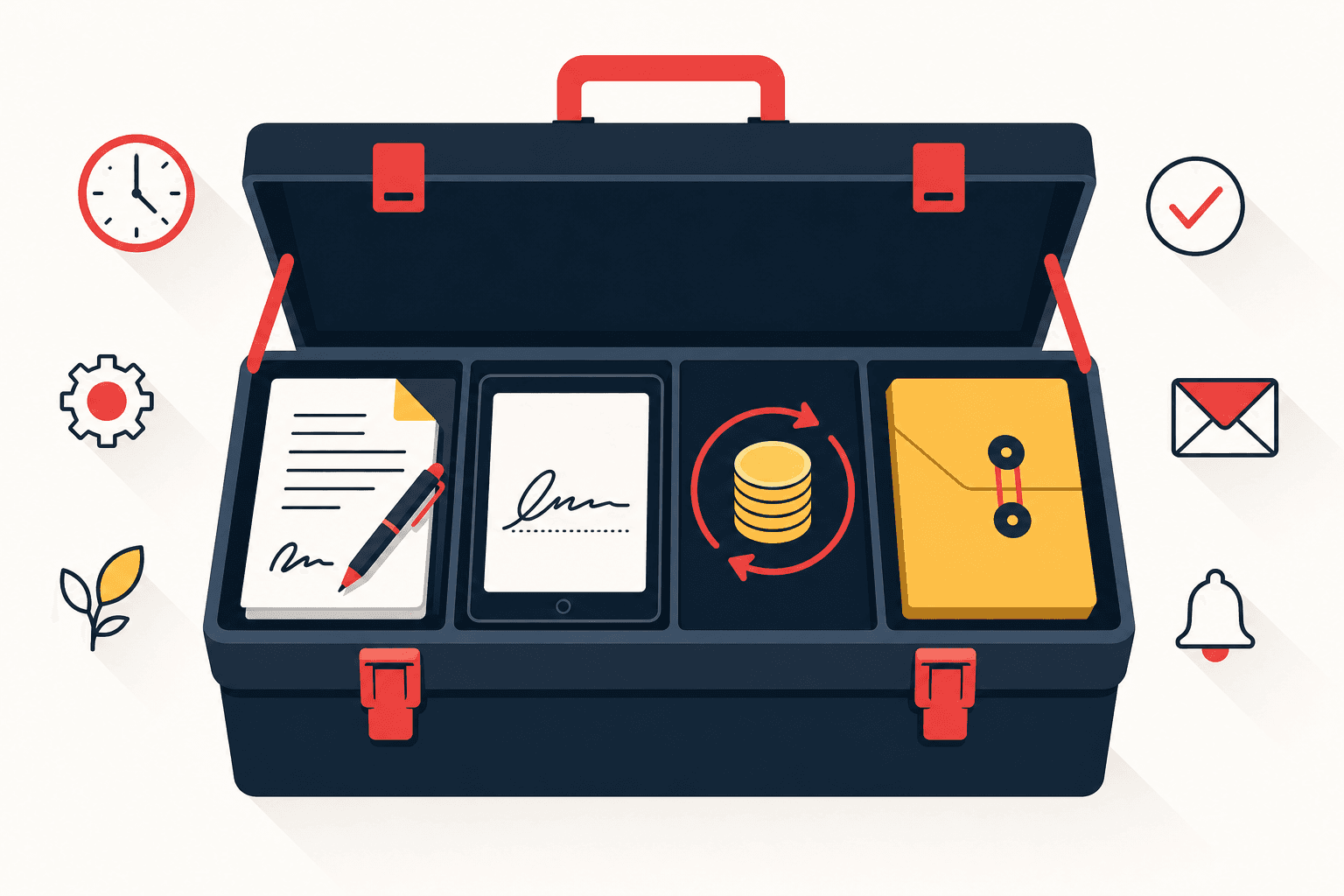 Boîte à outils ouverte présentant convention, émargement signé, suivi des règlements et bilan annuel