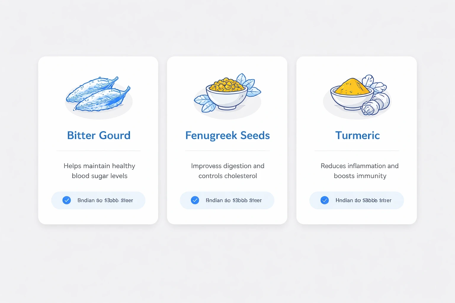 Modern card layout on a light gray background showcasing Indian vegetables and spices that support PCOS management, with accent highlights in blue.