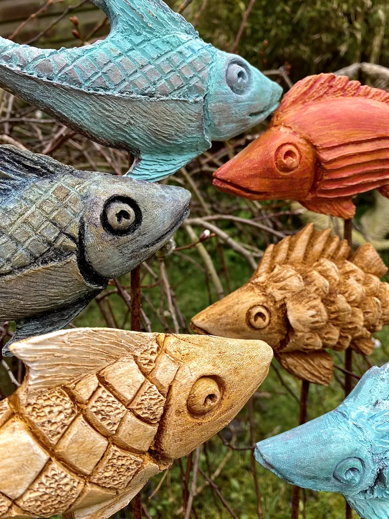 close up group of fish sculptures