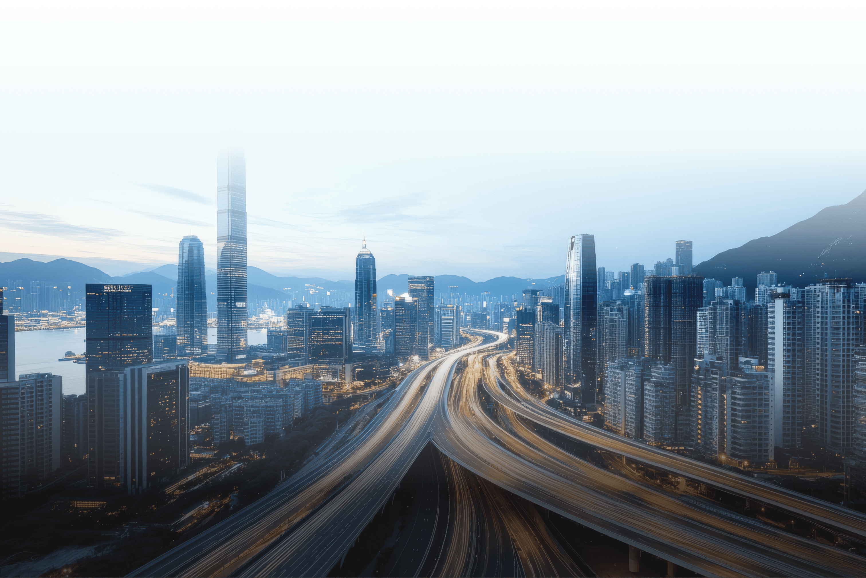 Panoramic view of a modern city skyline with elevated highways in the foreground.