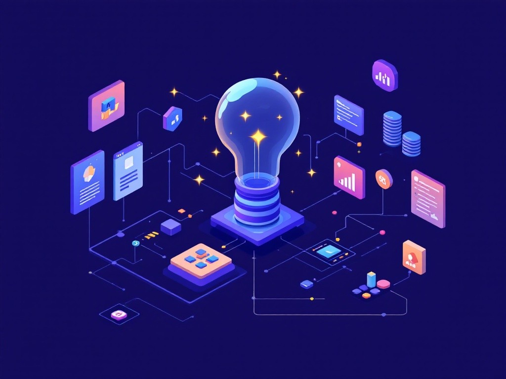 A glowing lightbulb surrounded by data and technology icons, representing innovation and ideas.