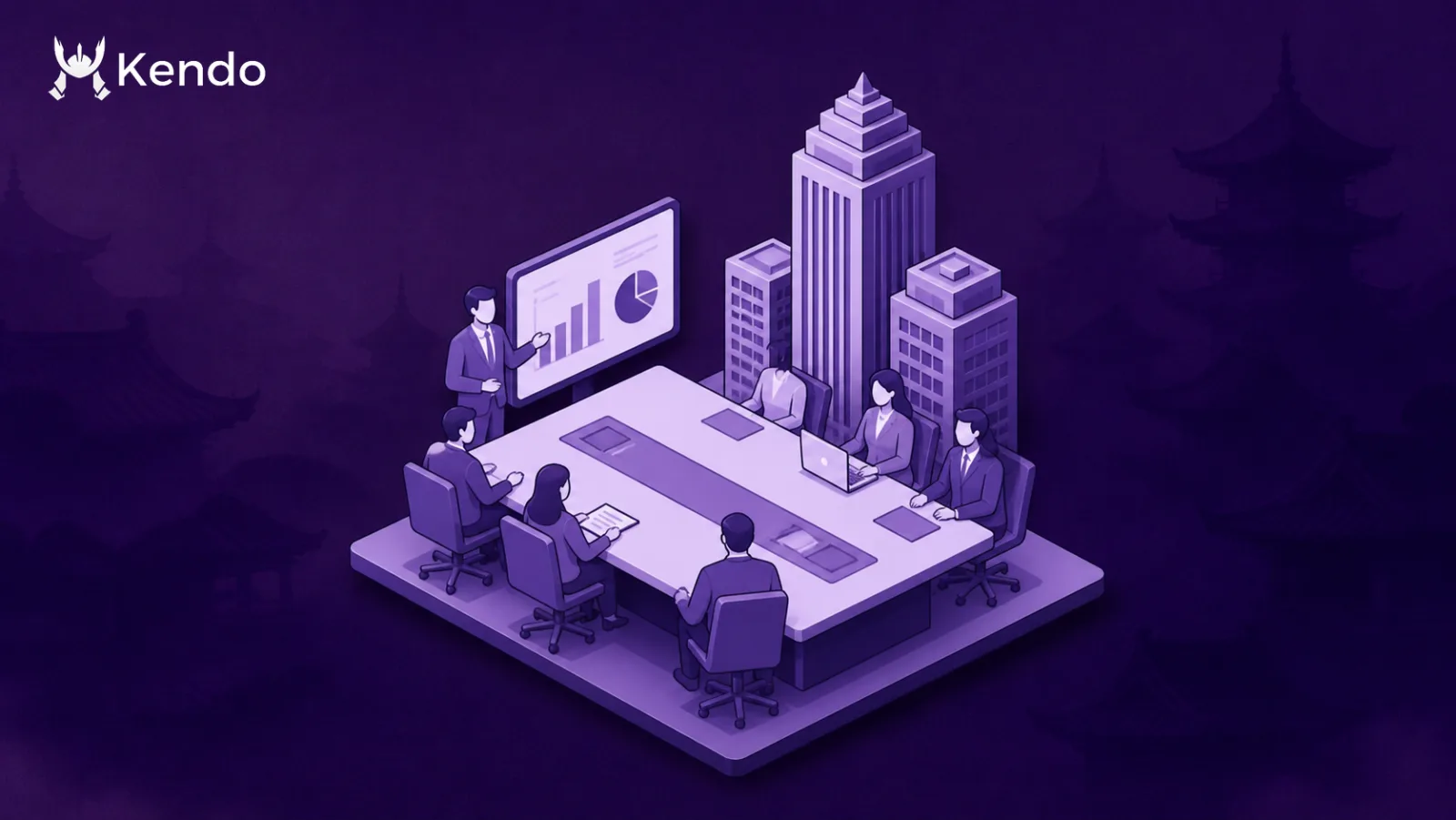 Isometric enterprise sales training boardroom with stakeholders and city tower on a purple Kendo background