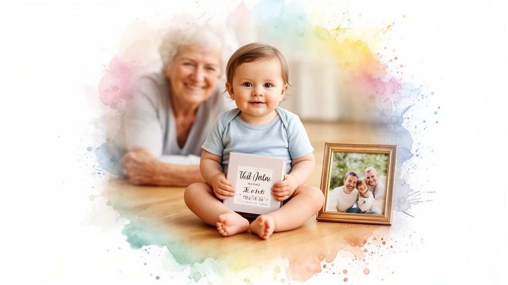 A smiling baby sits on a wooden floor, holding a personalized book, with a blurred grandmother and family photo frame.