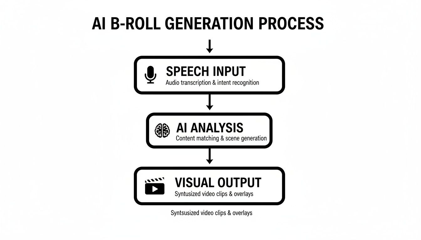 Flowchart illustrating the AI B-roll generation process, from speech input to AI analysis and visual output.