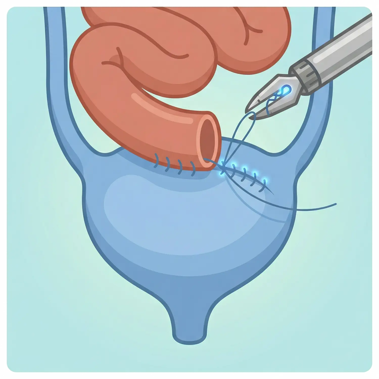 Bladder Cancer Icon Vector schematic दिखा रहा है ब्लैडर कैंसर reconstruction. एक robotic instrument सटीकता से आंत के segment को urinary tract से सिलता है, जो Intracorporeal Urinary Diversion (शरीर के अंदर पेशाब का मार्ग परिवर्तित करने की प्रक्रिया) का प्रतीक है, अंतिम ब्लैडर कैंसर treatment के लिए।
