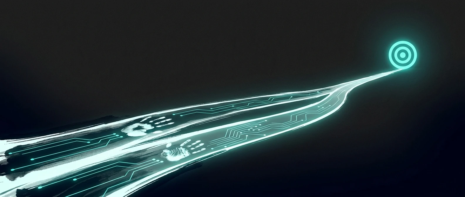 A single glowing pathway splitting into two equally bright teal-cyan lanes that converge toward one distant target, illustrated in Japanese minimalist ink style with teal and blue on a black background, representing the choice between managed and platform-led B2B outbound models running on one shared foundation.