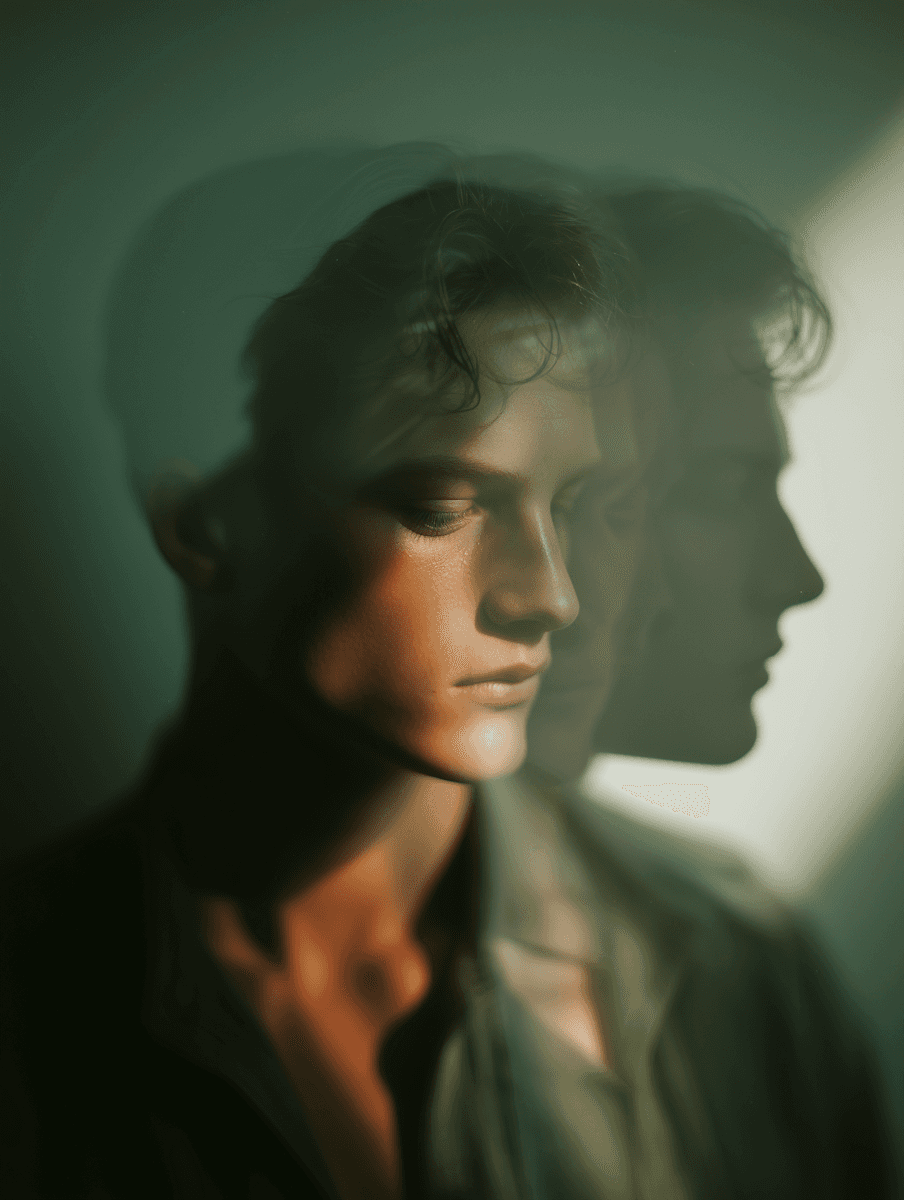 Close-up of a person’s face framed by vibrant shadow