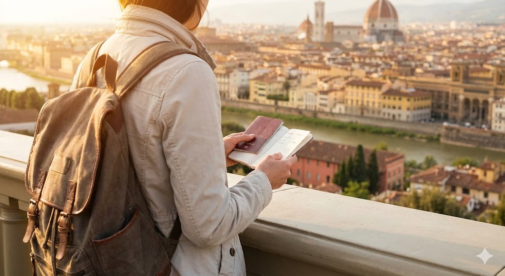 A traveler overlooking a beautiful foreign city while holding a passport and budget notebook, warm sunrise light, realistic photography, aspirational yet practical mood, clean composition, no logos or text
