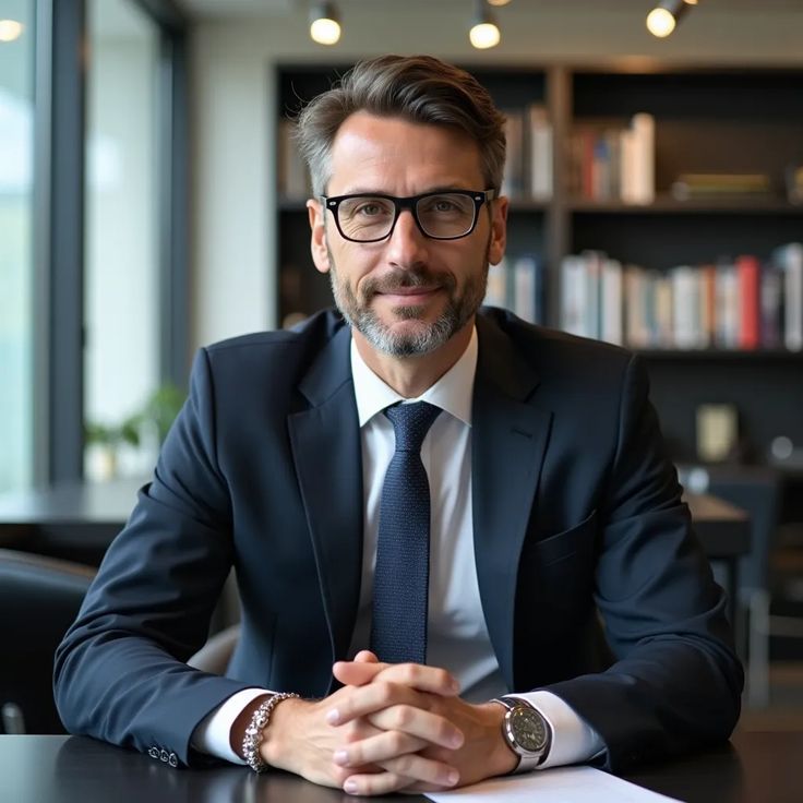Professional man in a suit and glasses sits confidently at a desk in a modern office, with bookshelves in the background and soft lighting.