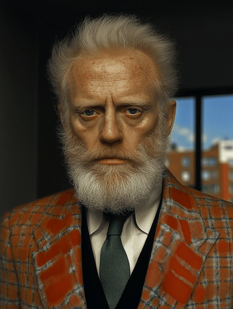 Elderly Man in Orange Plaid Jacket