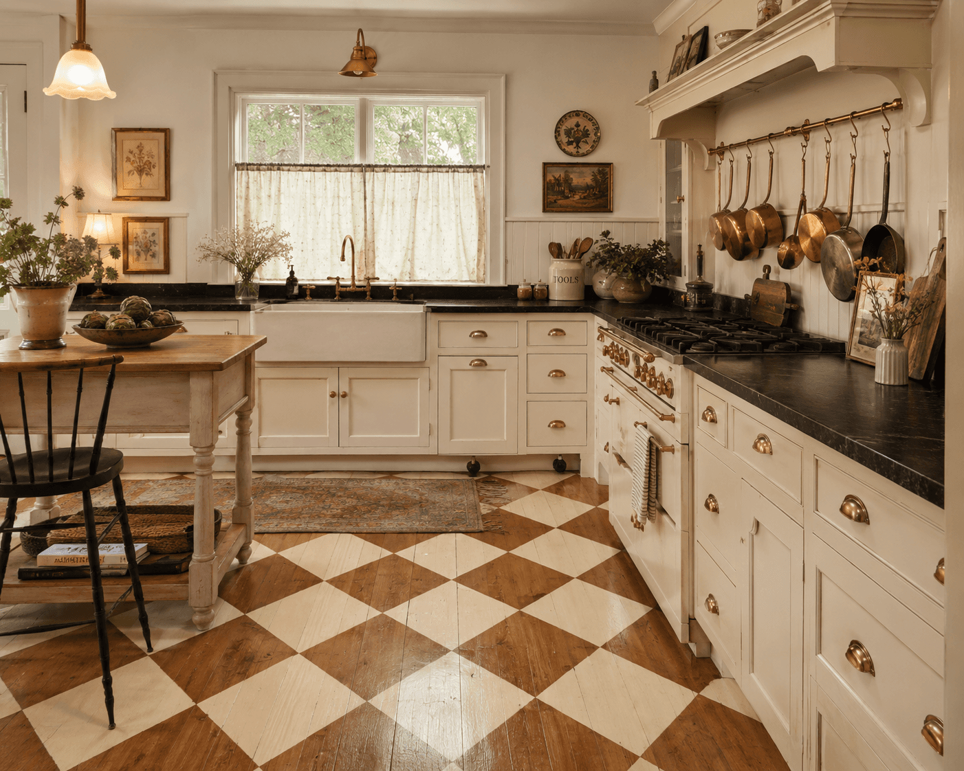Warm cottage kitchen featuring cream cabinets, black countertops, a farmhouse sink beneath café curtains, copper pots hanging above the range, brass accents, and a painted cream-and-wood checkerboard floor arranged on a diagonal.