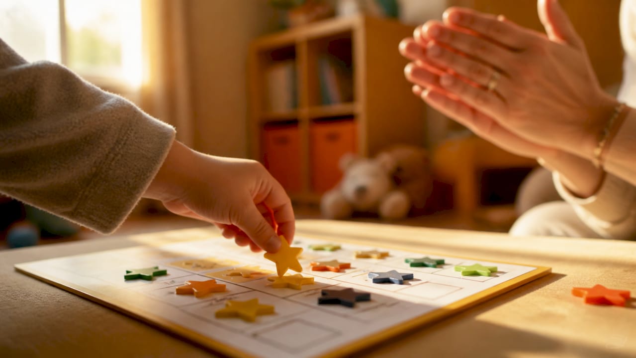 Niño colocando una estrella en su tabla de logros