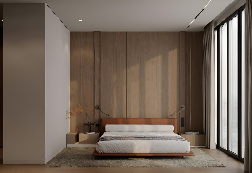 Modern bedroom at Blue Marina Residence featuring wooden walls and a neatly made bed.