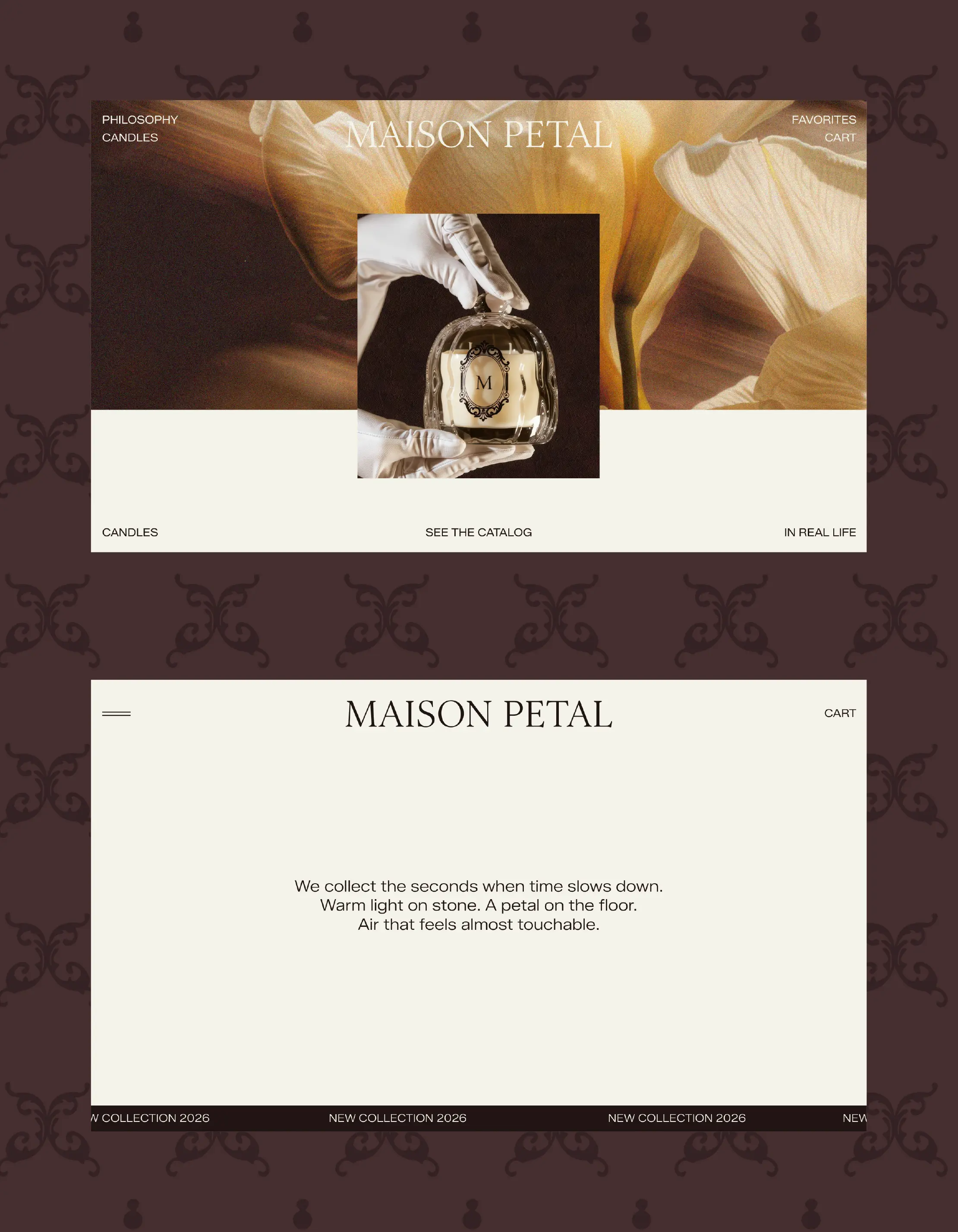 Website design for Maison Petal luxury home fragrance brand showing desktop and mobile layouts