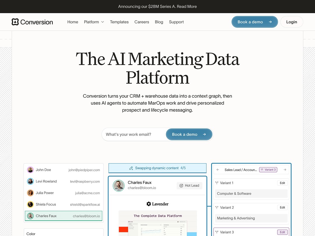 Conversion AI Marketing Data Platform homepage showing contact list, dynamic content editor, and variant templates