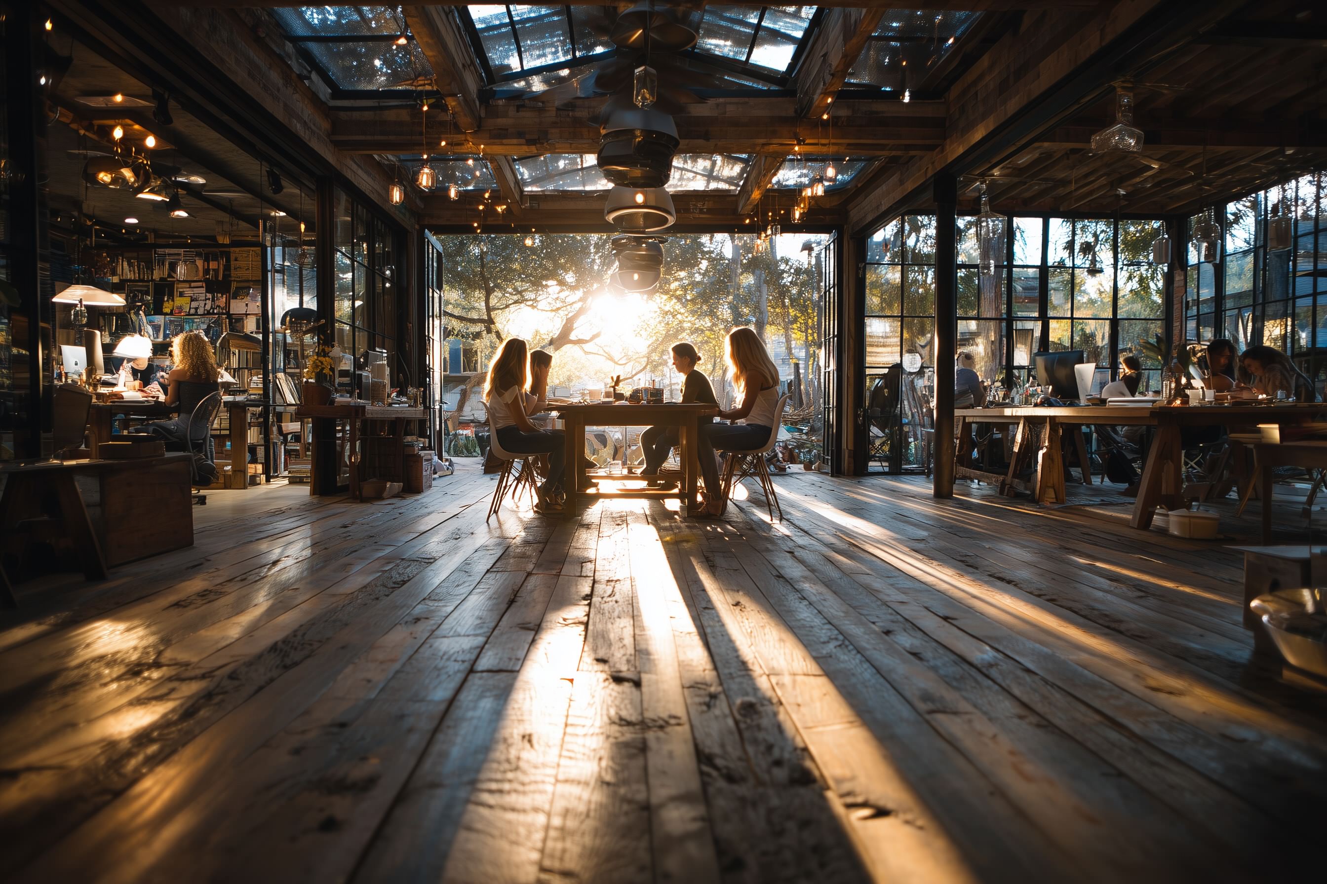 team workspace with people working