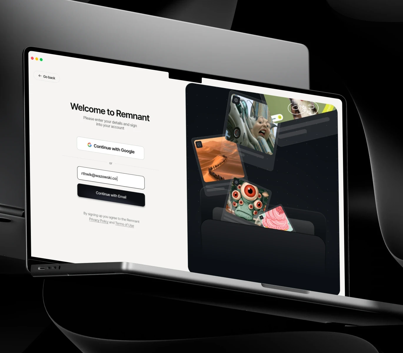 Mimmir sign-up screen with an illustrated folder of saved creative references.