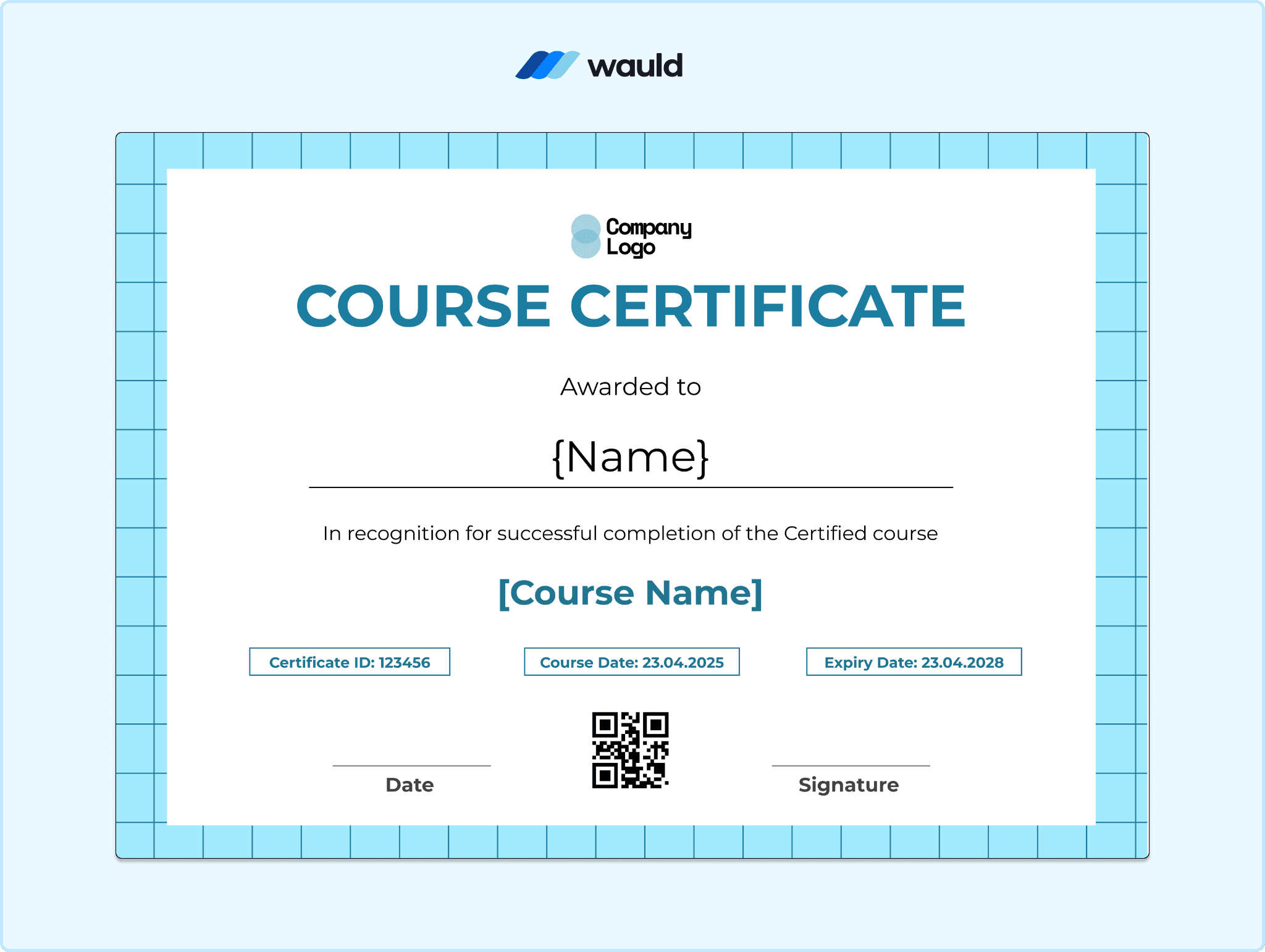 White course certificate template with thin cyan dotted border
