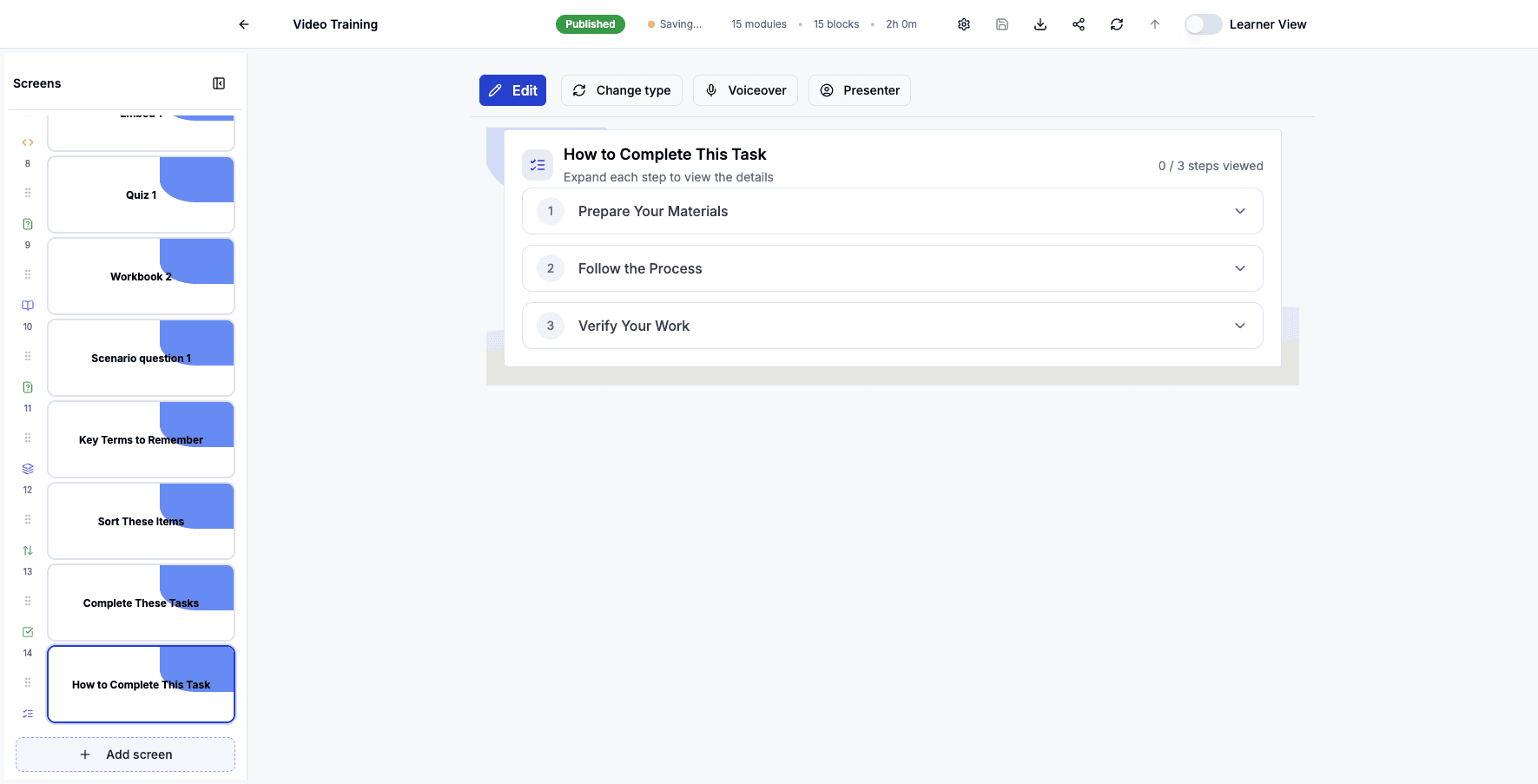 Click Add screen to add collapsible information sections.