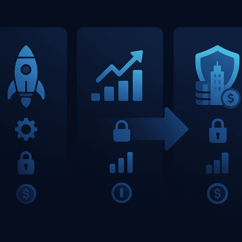 Icon-based flow diagram maps tool priorities from startup to enterprise growth stages