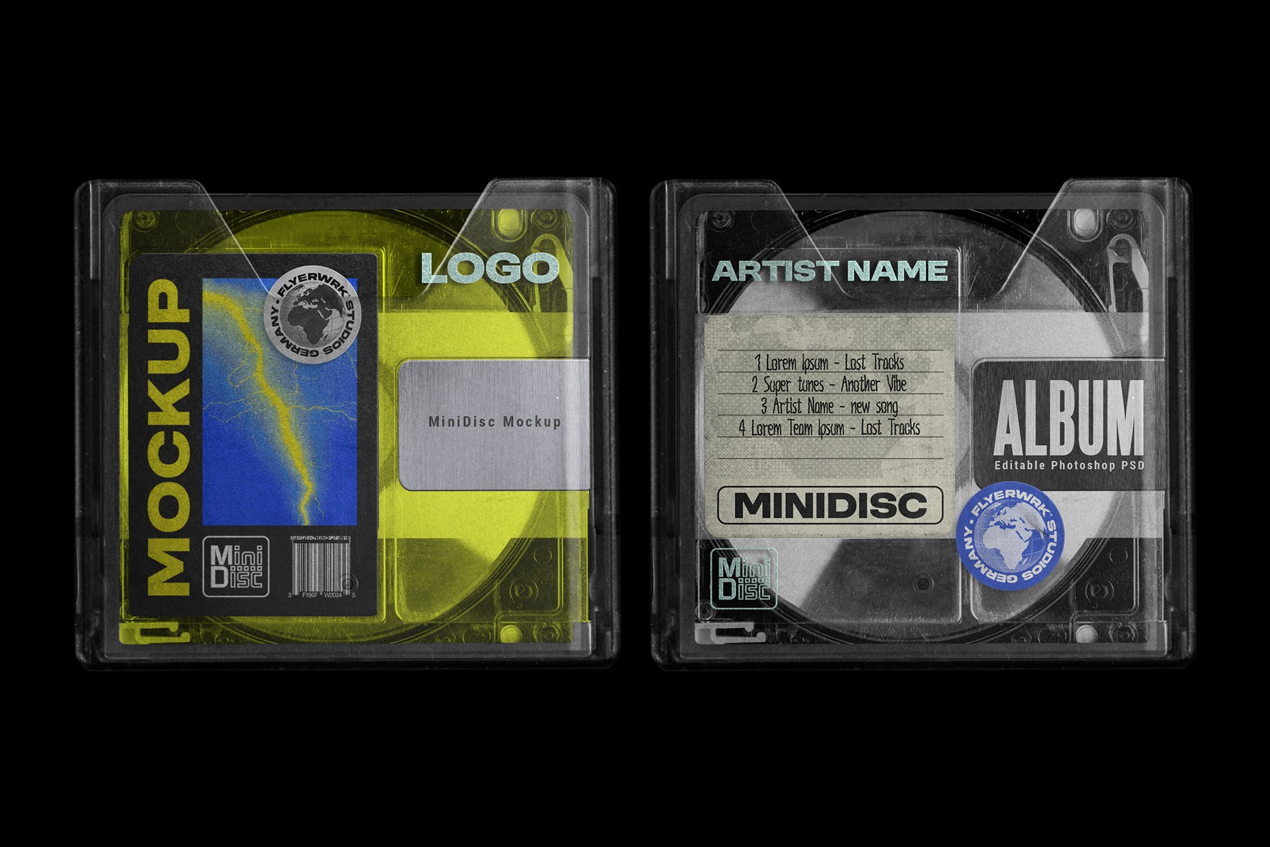 Mini Disc Mockup with customizable album art labels showing neon yellow and classic white paper textures