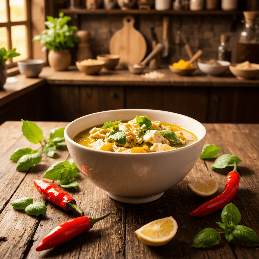 product photography of a bowl of green curry with chicken and vegetables