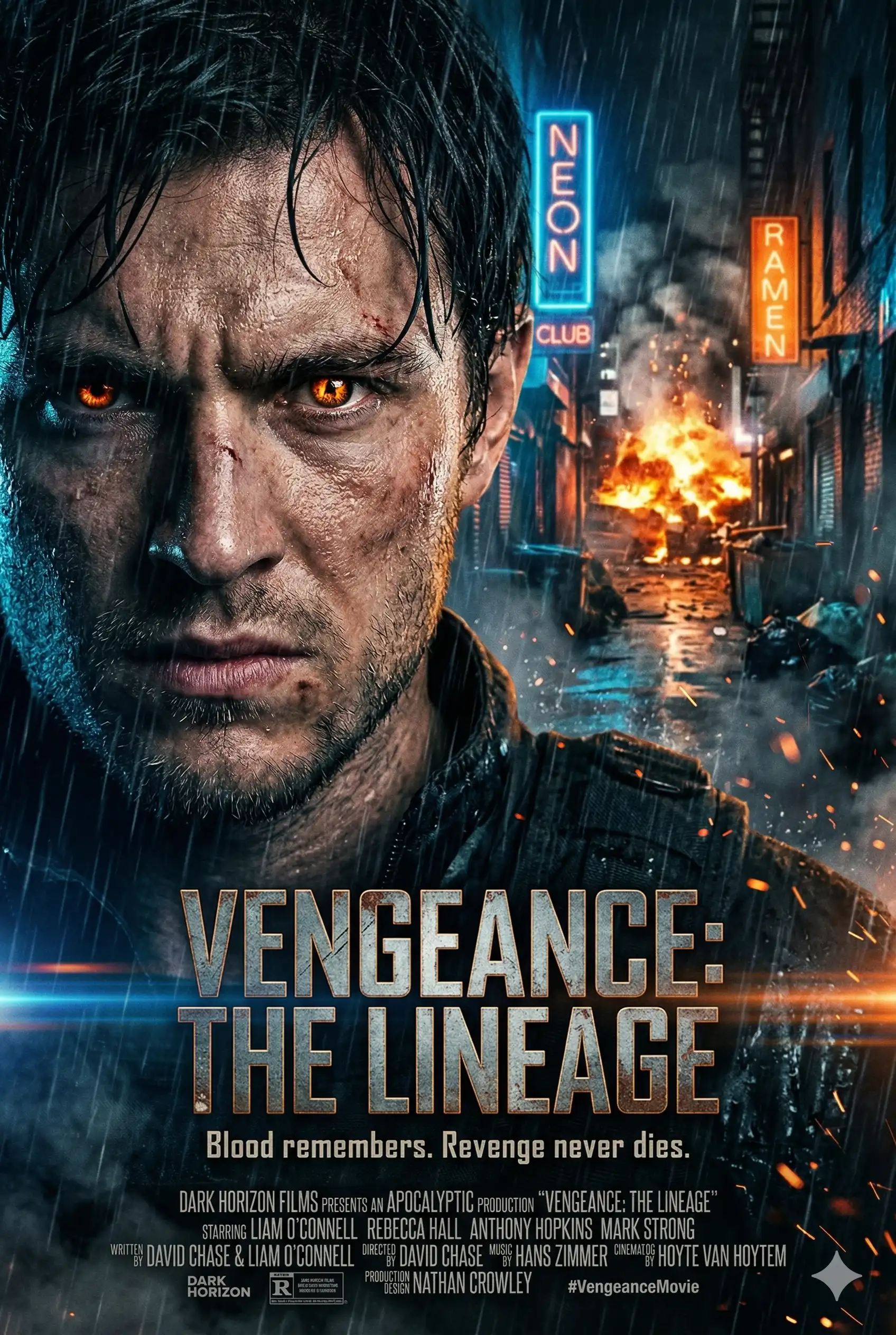 AI-generated action movie poster titled 'Vengeance: The Lineage', featuring a close-up of a scarred man with glowing orange eyes against a rainy, neon-lit alleyway with an explosion. Created for the AI graphic design portfolio of Mahendra R.
