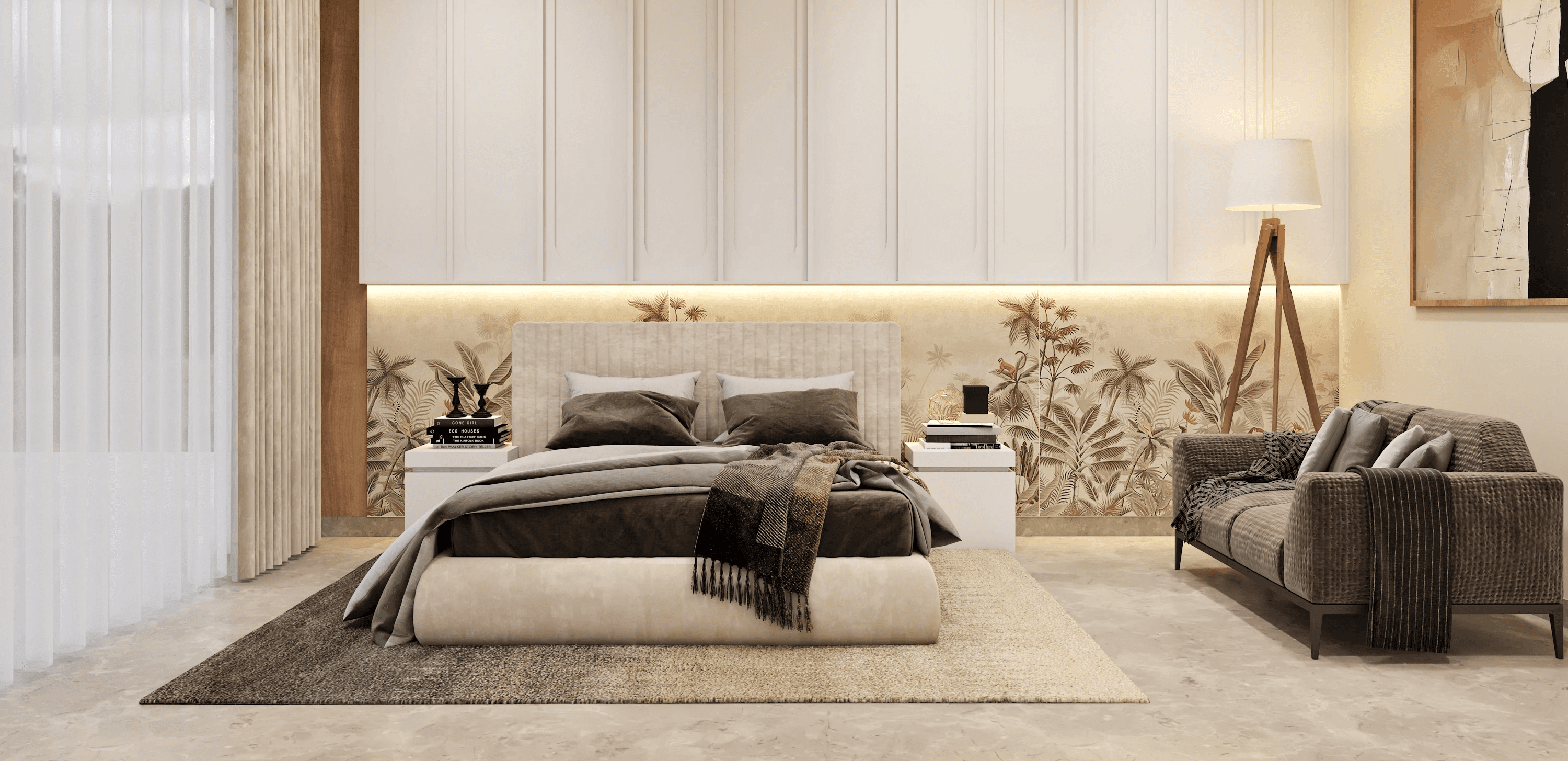 Modern interior entrance with floor-to-ceiling glass walls and warm timber cladding overlooking landscape