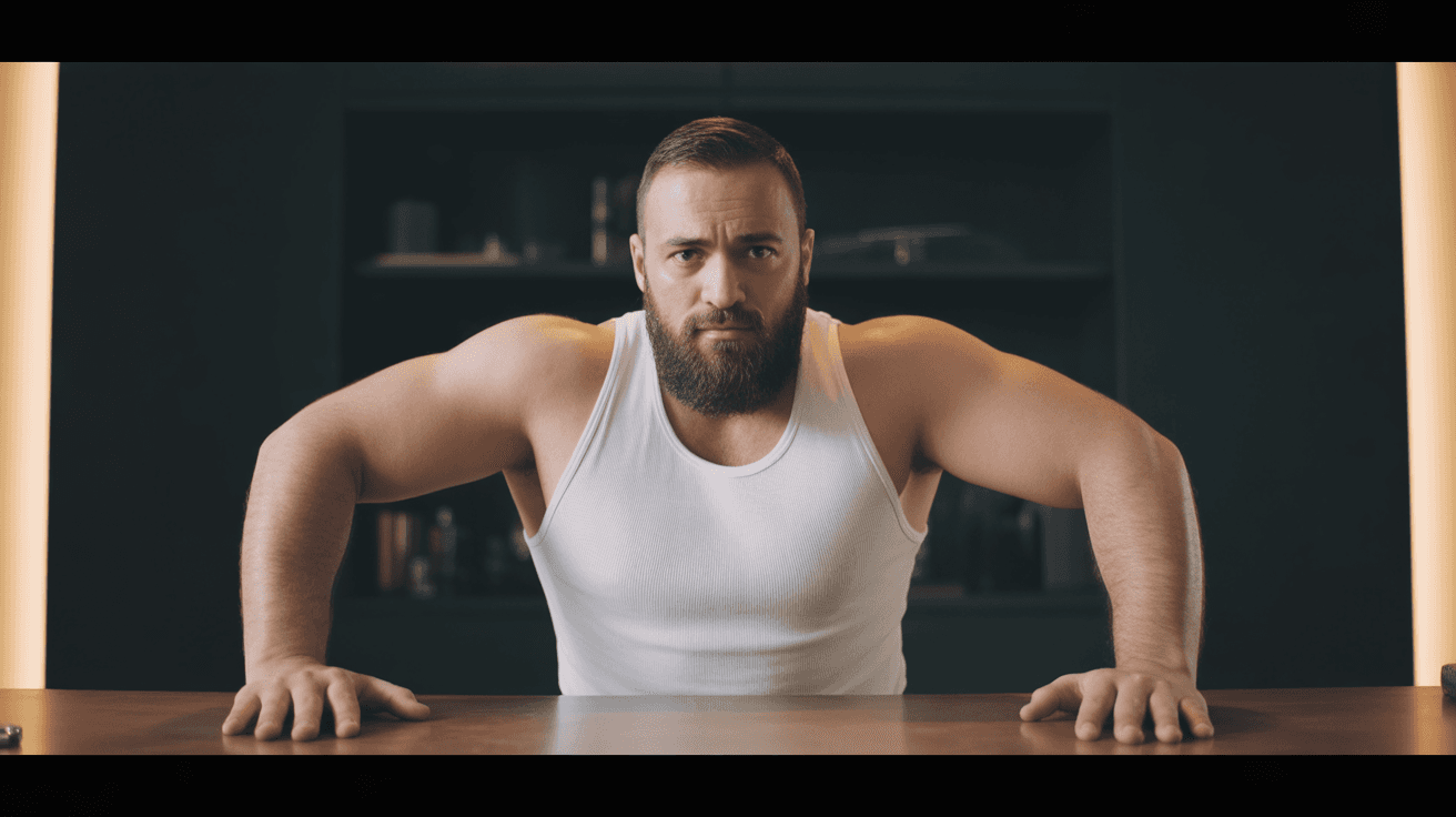 Alex Hormozi-style personal development thumbnail with direct stare and no text over a dark background