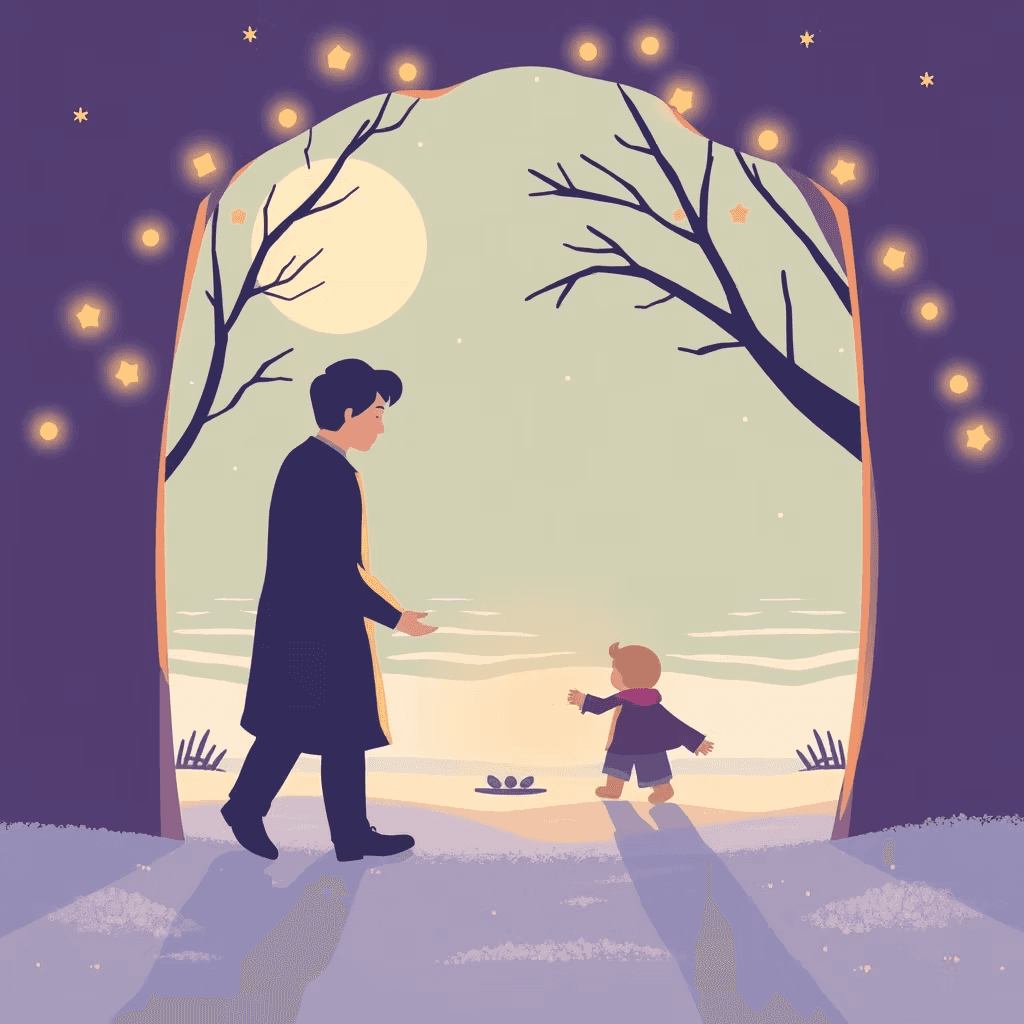 cartoon image of a father and a son standing infront of cave opening