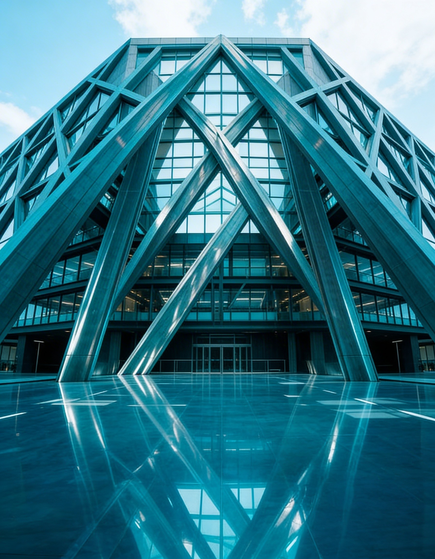 Soaring geometric glass facade with intersecting steel framework from below