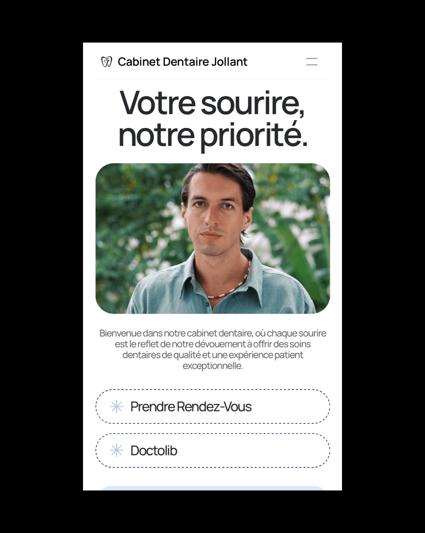 Page d'accueil du Cabinet Dentaire Jollant affichée sur un appareil mobile avec un homme souriant