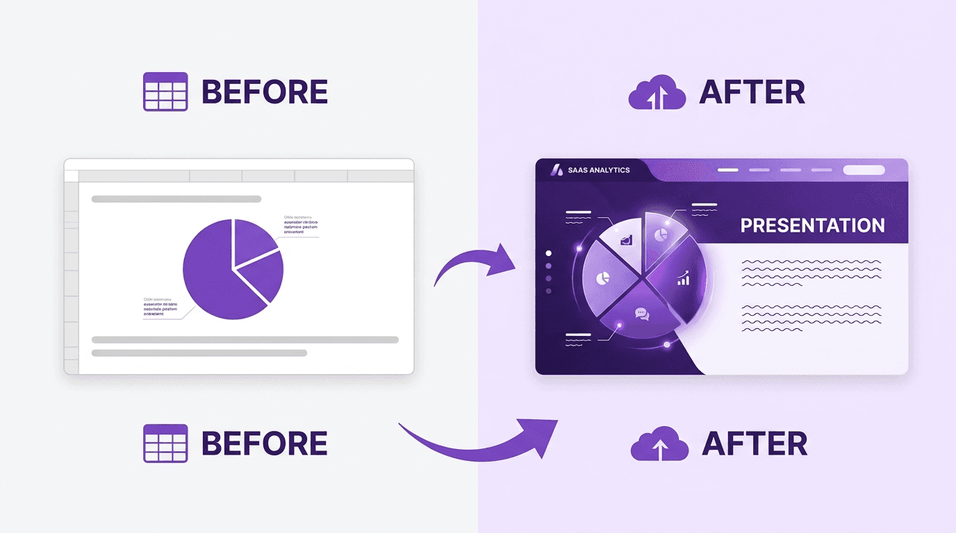 Illustration of a spreadsheet pie chart transforming into a polished, branded presentation slide