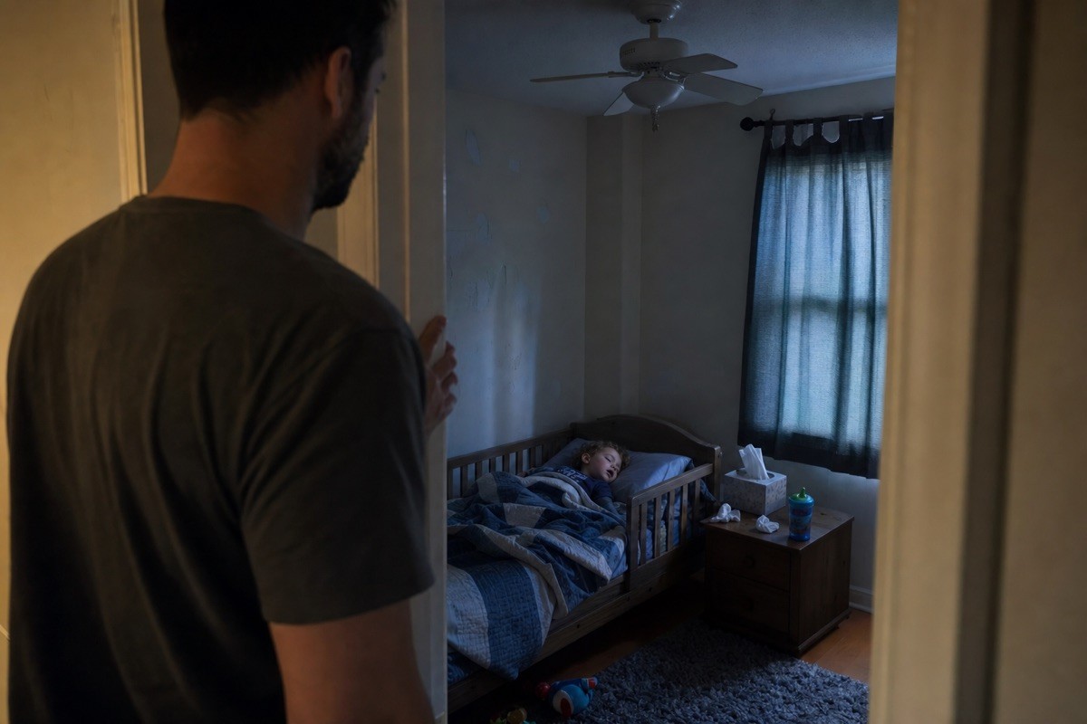 A father pauses at the doorway of his young son's bedroom early in the morning