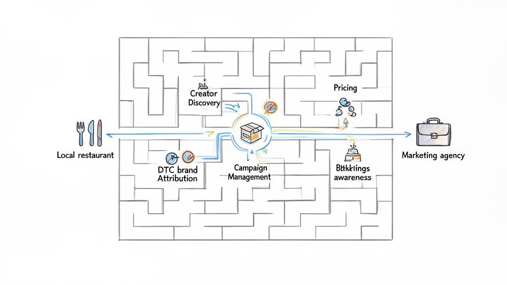 Marketing process diagram showing campaign management connecting restaurants, DTC brands, creators, pricing, and agencies.